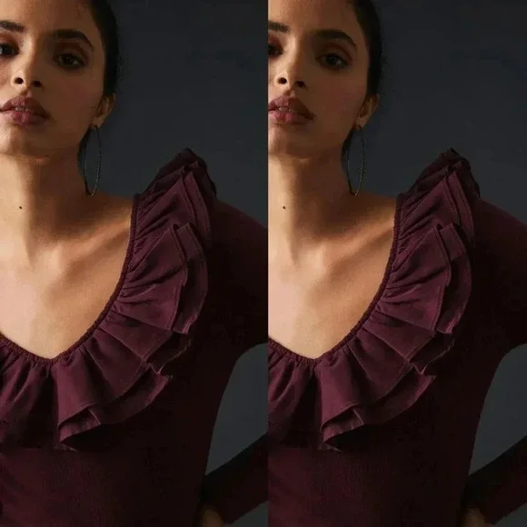 Anthropologie DOLAN Ruffled V-Neck Top in Wine Size Medium NWOT $78 - Picture 10 of 11